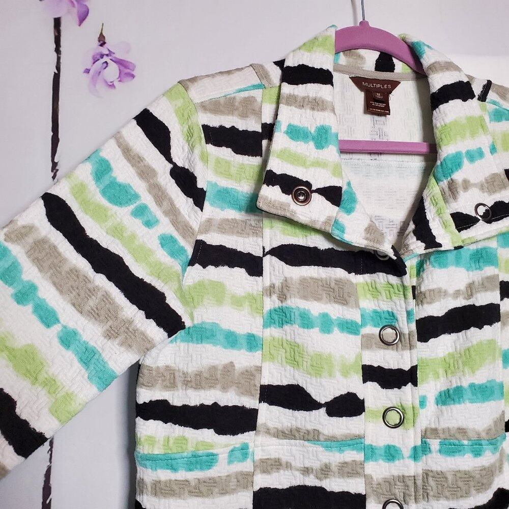 Multiples Textured Stripe Button 3/4 Sleeve Blazer Jacket M - Picture 4 of 10